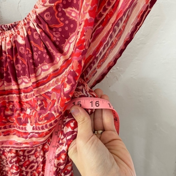 Nightcap Clothing Samba Gown Sunrise Print Red Pink Smocked Waist Tassel Size 2 - Picture 5 of 12